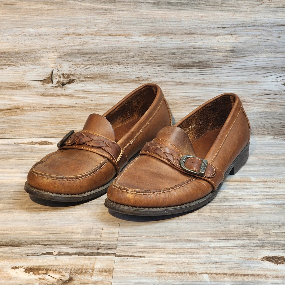 GH Bass Brown Leather Loafers Braided Buckle Strap Moc Toe Flats Mens 8.5 M